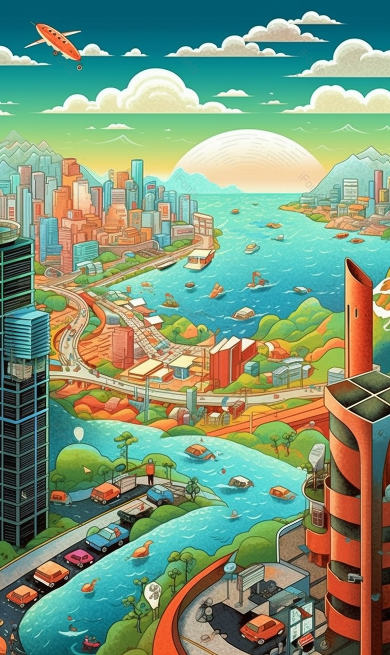 春天夏天季节繁华的都市城市中高楼大厦车水马龙,插画/手绘图,插画/手绘图库,插画/手绘图下载,插画/手绘